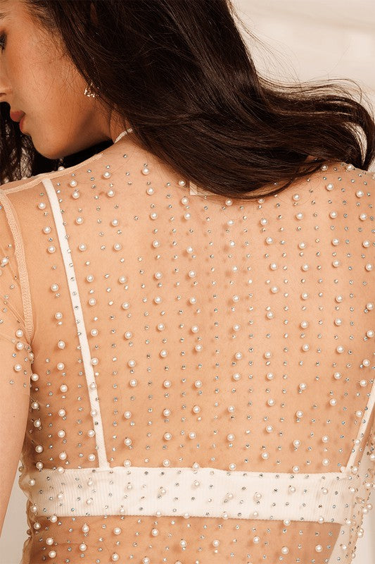 Long Sleeve Pearl & Rhinestone Mesh Crop Top