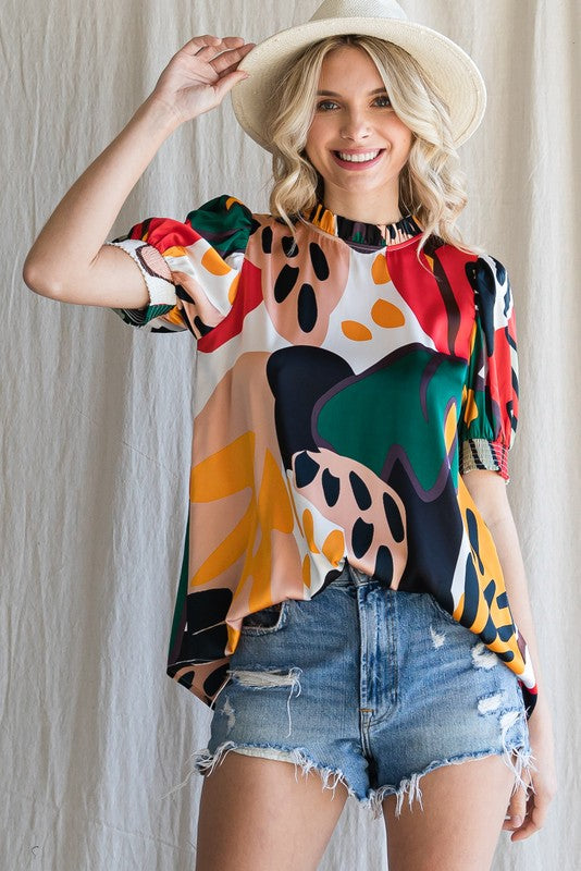 Red Mix Colorful Print Frilled Neck Top