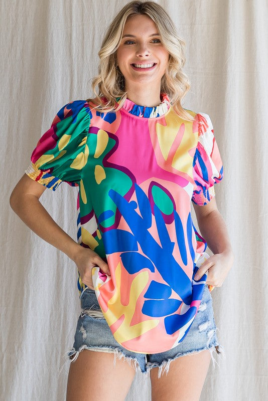 Colorful Print Frilled Neck Top