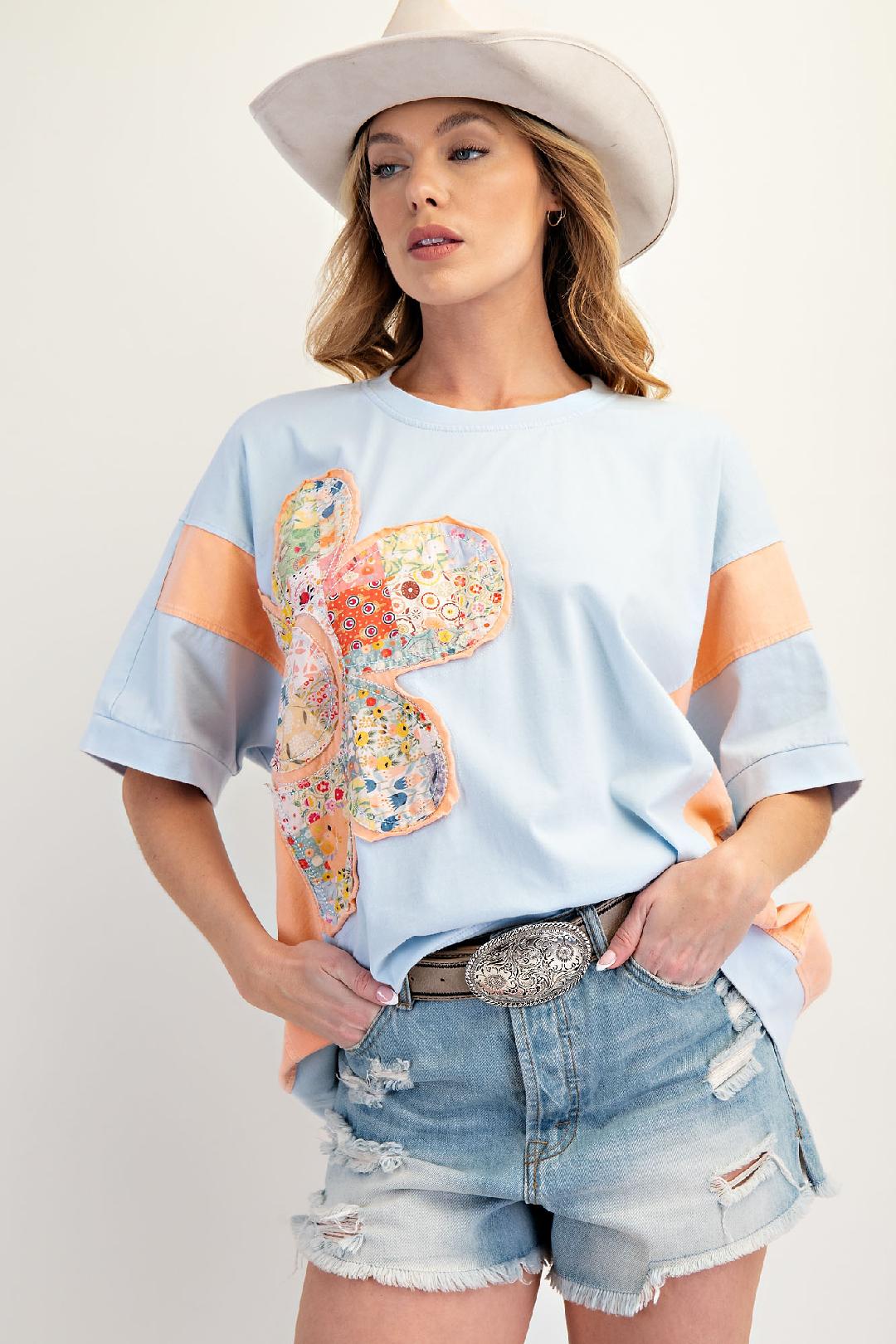 Sky Blue Flower Patch Top