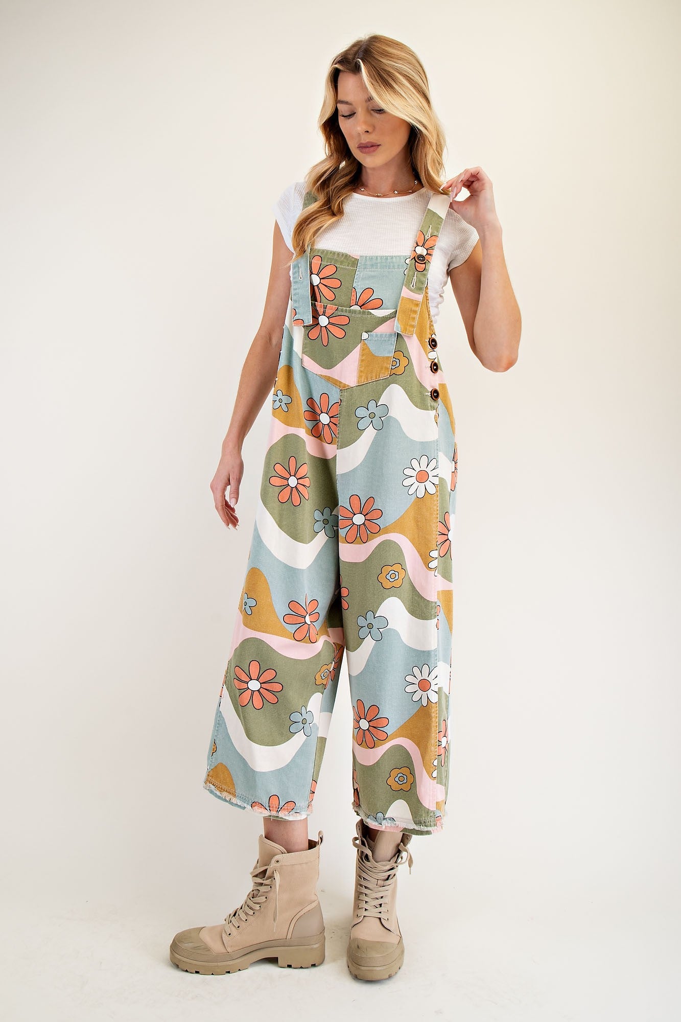 Olive Flower Print Overalls