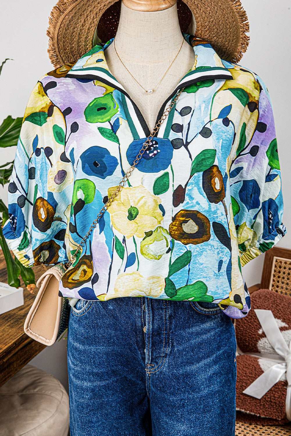 Blue Floral Print Dolman Top