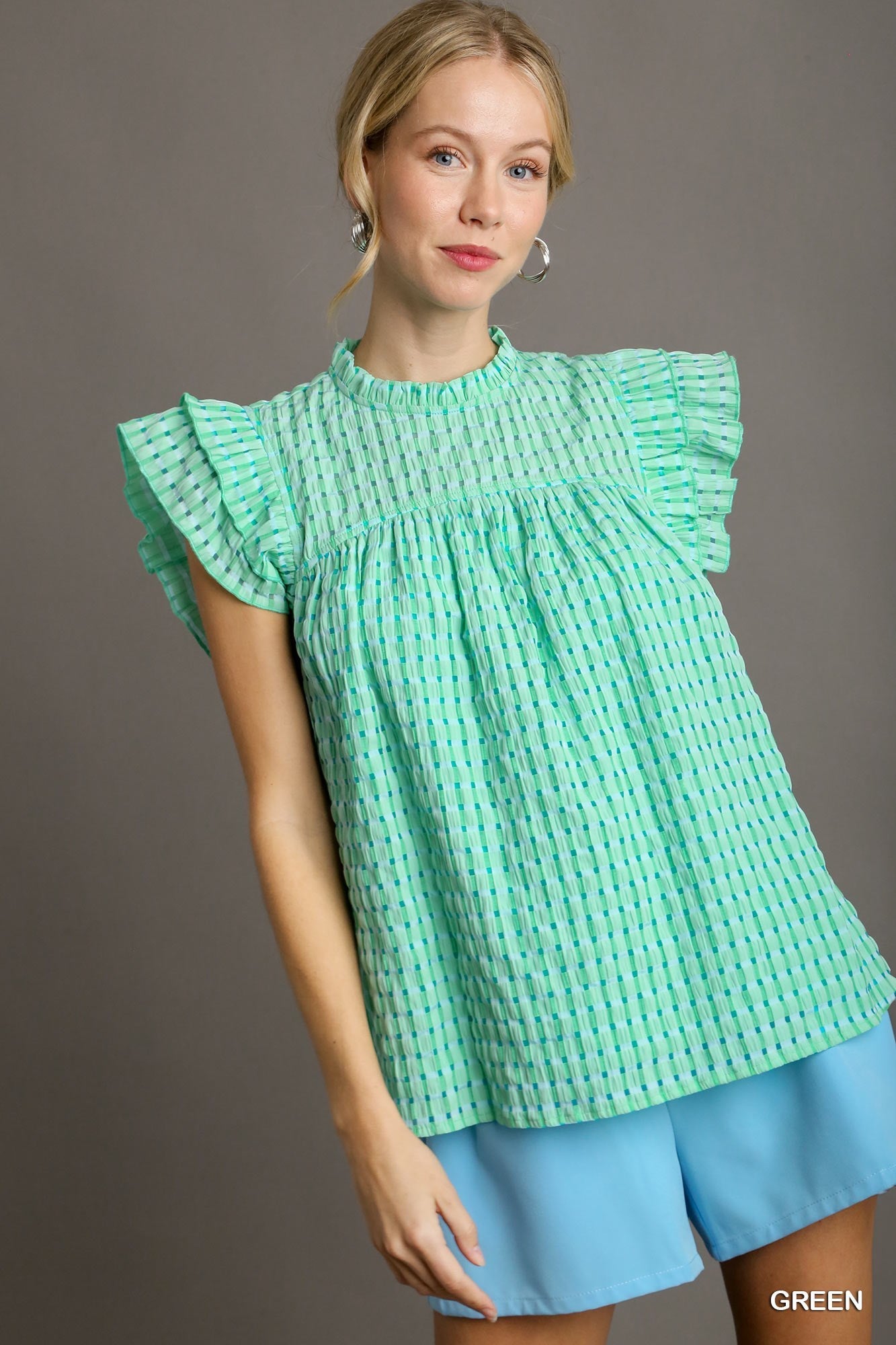 Green Checker Seersucker Top