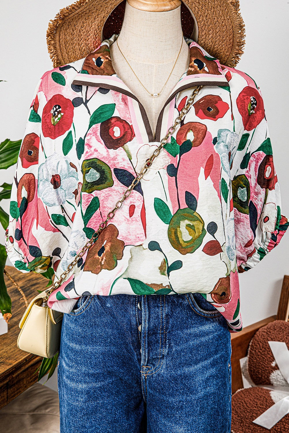 Pink Floral Print Dolman Top