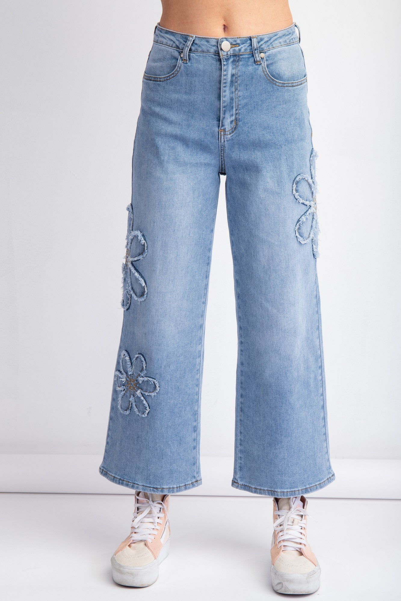 Flower Patch Washed Denim Jeans - The Dainty Cactus Boutique