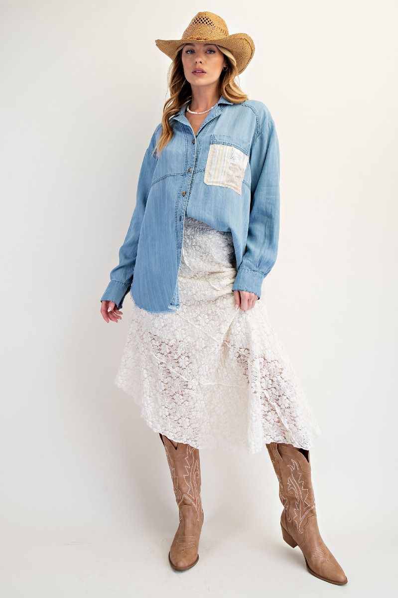 Mixed Fabric Chambray Top