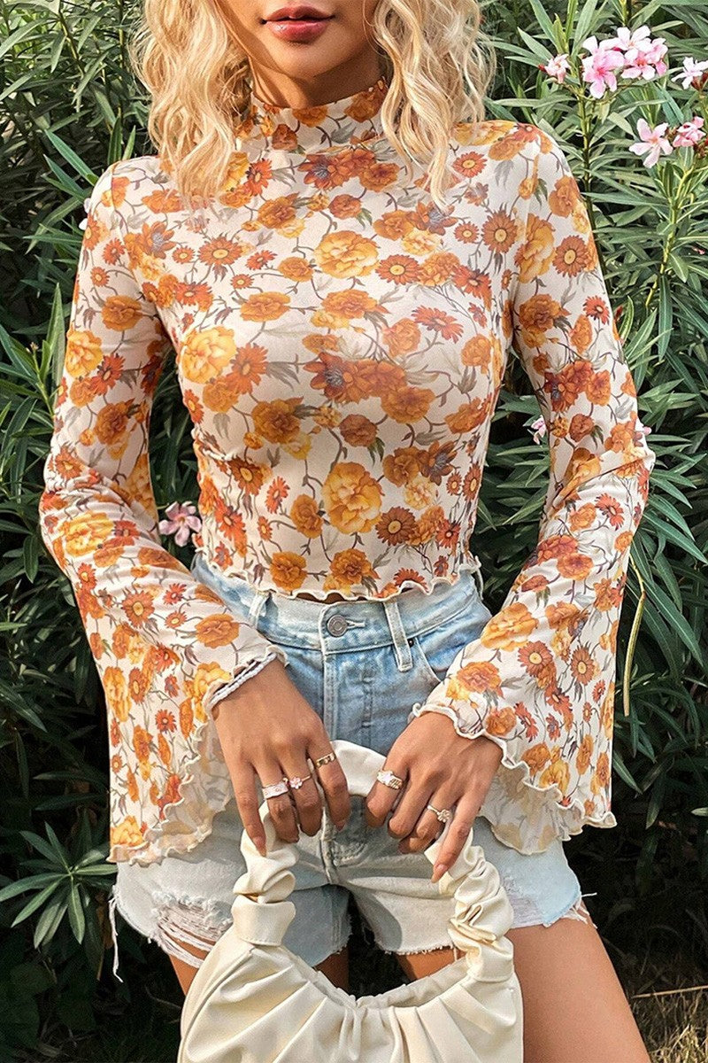 Floral Mesh Bell Sleeve Top