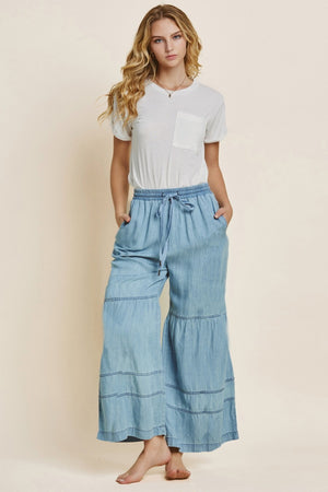 Washed Denim Wide Leg Pants