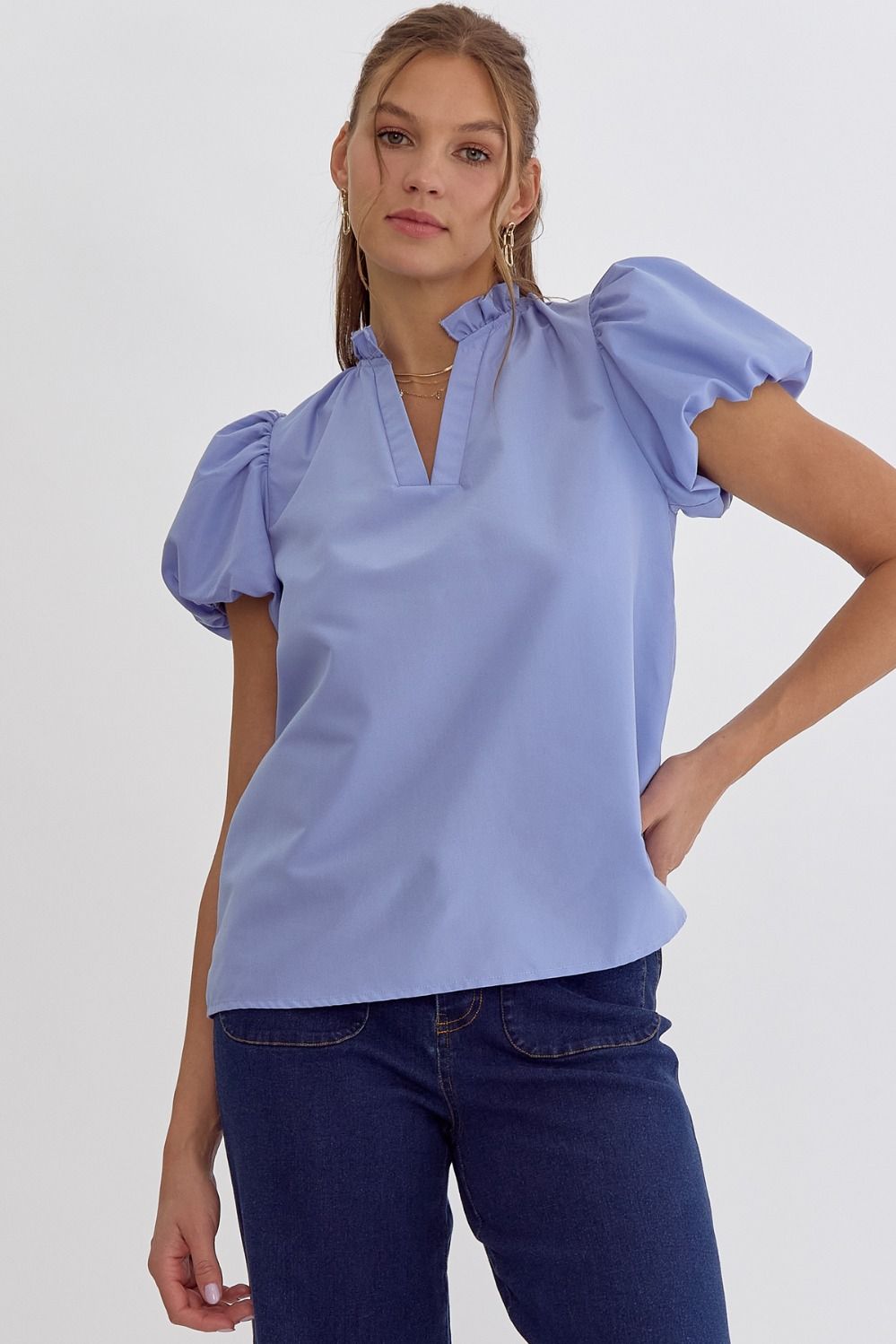 Chambray Puff Sleeve Top