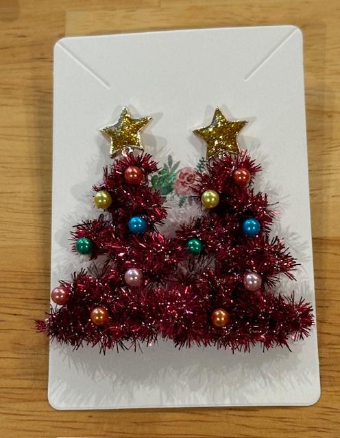 Pink Tinsel Tree Earrings