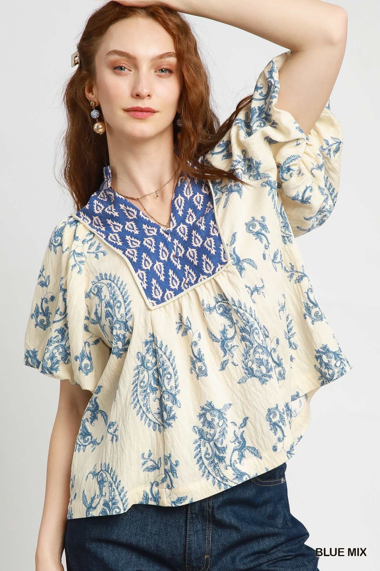 Blue Boho Puff Sleeve Top