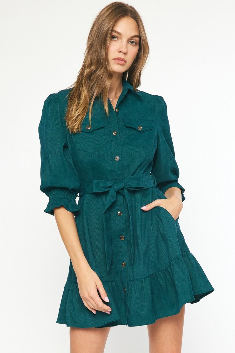 Green Corduroy Half Sleeve Dress