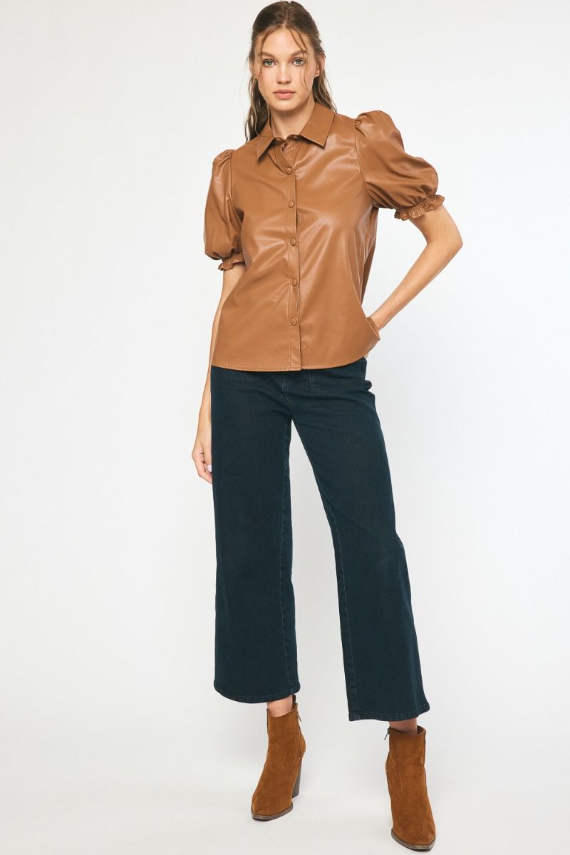 Brown Faux Leather Snap Front Top