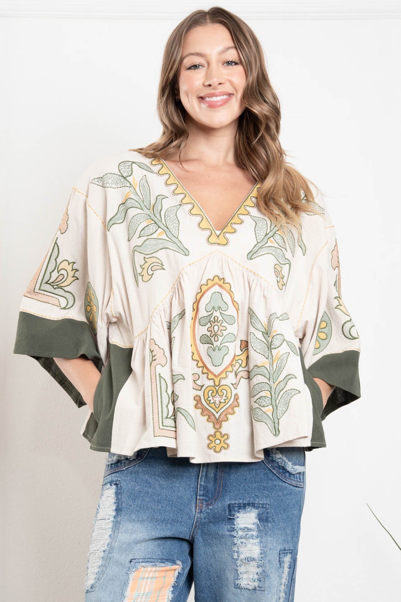 Embroidered Top in Olive