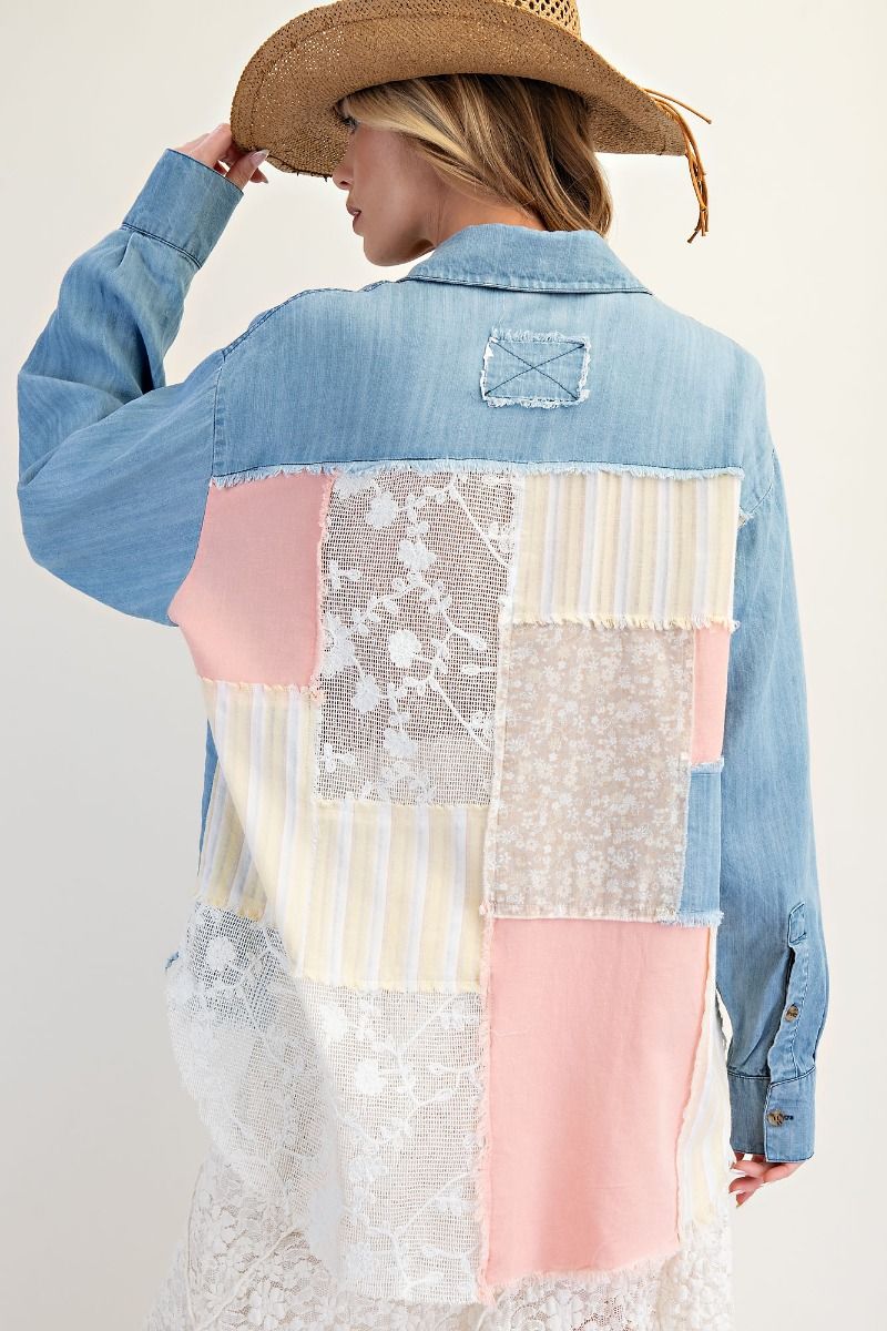 Mixed Fabric Chambray Top