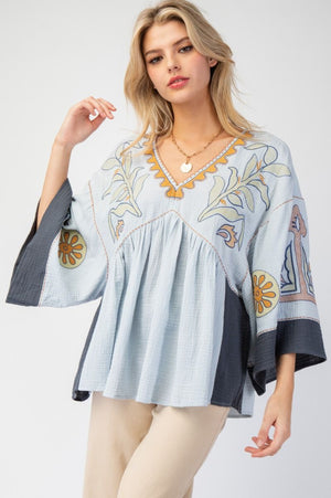 Embroidered Woven Top in Blue