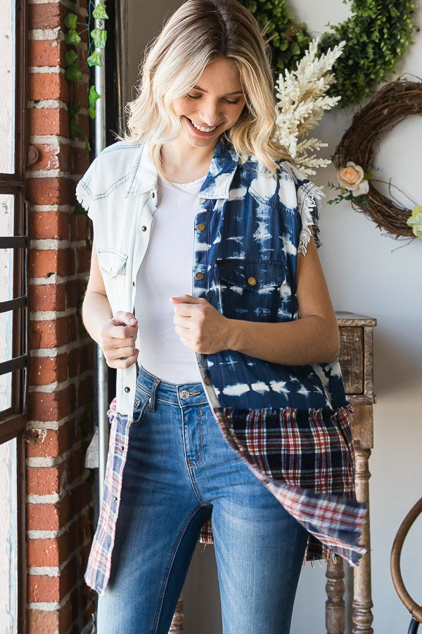 Washed Denim Mixed Plaid Vest