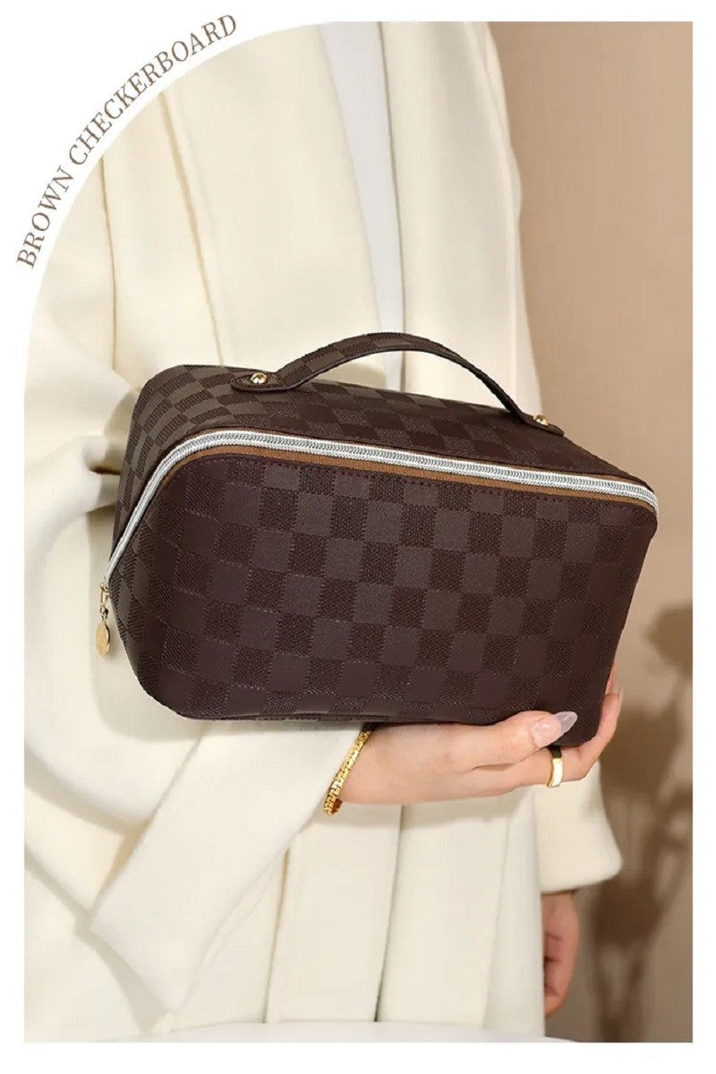 Brown Checkered Make-up Bag