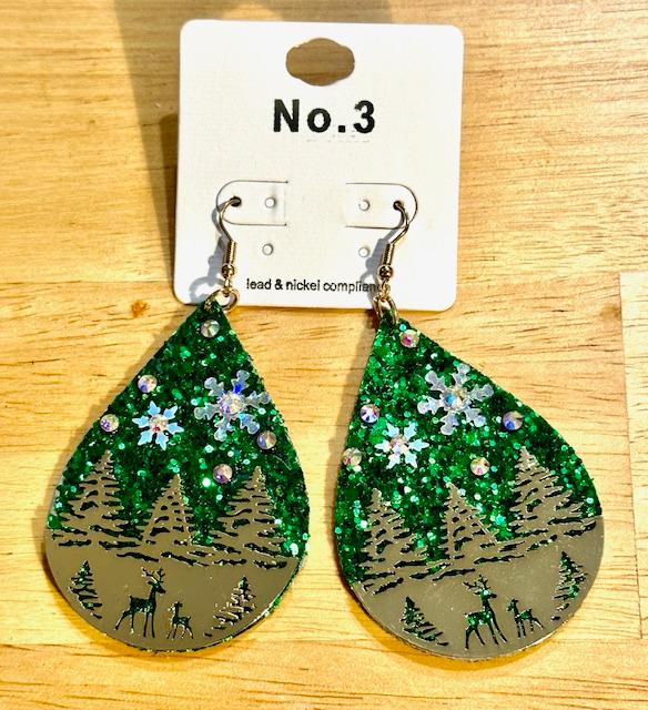 Green Glitter Christmas Scene Earrings
