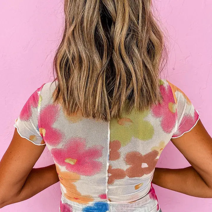 Multi-Color Floral Mesh Top