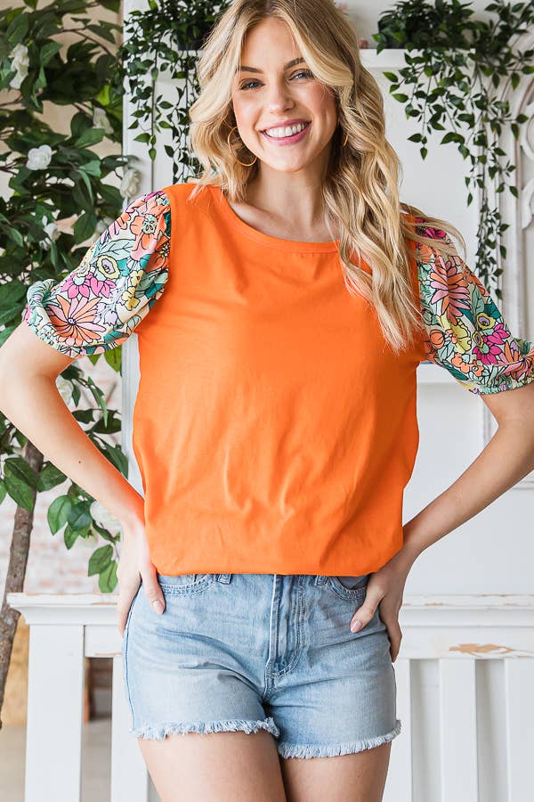 The Orange Floral Puff Top