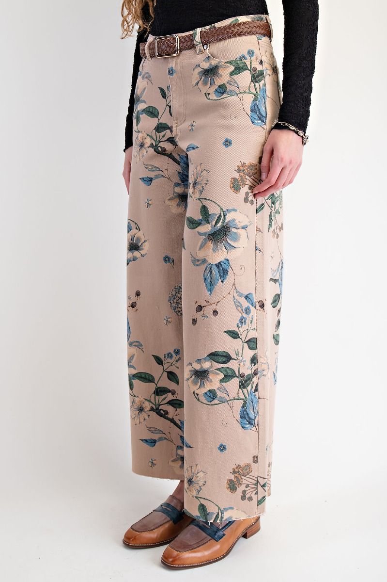 Khaki Floral Printed Twill Pants