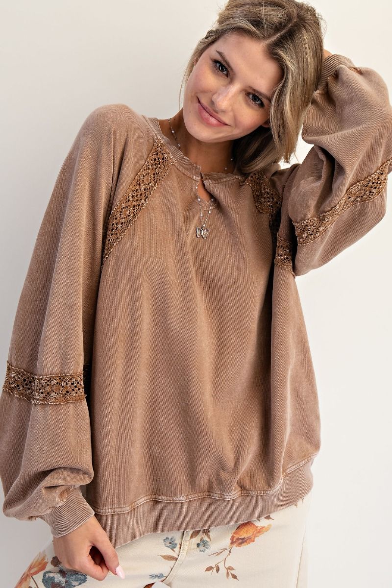 Crochet Accent Pullover in Mocha