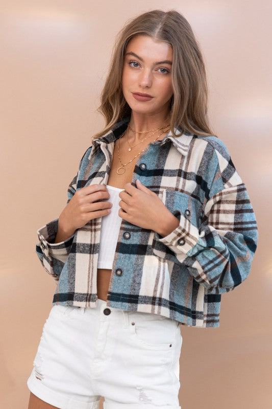 Teal Cropped Plaid Jacket