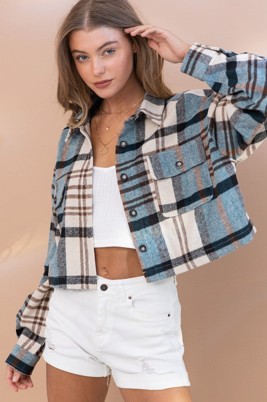 Teal Cropped Plaid Jacket