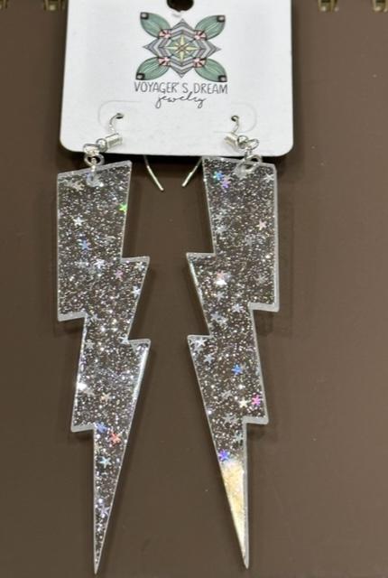 Clear Glitter Bolt Earrings