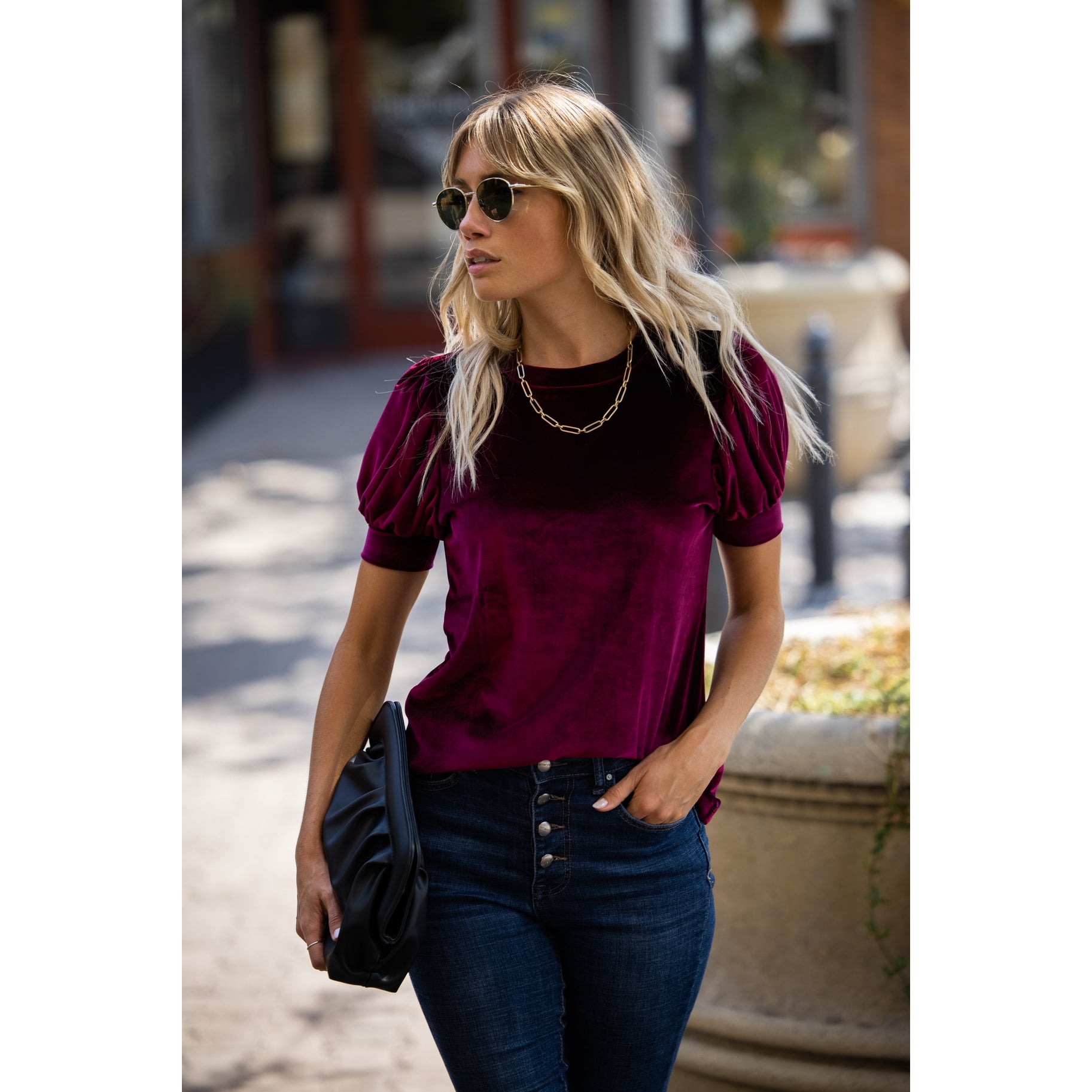 Velvet Puff Sleeve Top